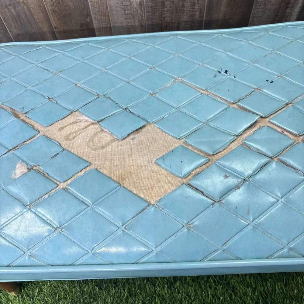 Vintage MCM Vinyl Bench Ottoman Blue Diamond Tufted Needs Repair